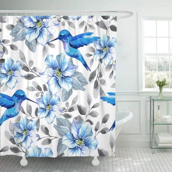 Tende per doccia modello floreale foglia blu e colibrì uccelli ad acquerello uccelli orchidea tessuto poliestere impermeabile 60 x 72 pollici set