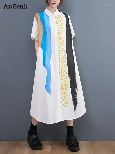 Partykleider Weiß Vintage Polka Dot Print Hemd für Frauen Sommer Kurzarm Lose Beiläufige Lange Kleid Mode Elegante Kleidung 2024