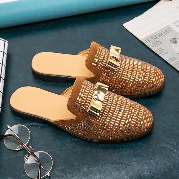 Hausschuhe, italienisches Design, Herren-Pantoletten, Schuhe, blaue Strasssteine, halbe lässige Slipper, goldene Sandalen, Slip-on