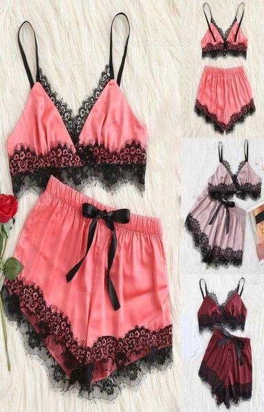 Sweetwear kadın pijama kolsuz kayış gecelesi dantel trim saten kami üst pijama setler kadın pijama seksi iç çamaşırı porno 83365511