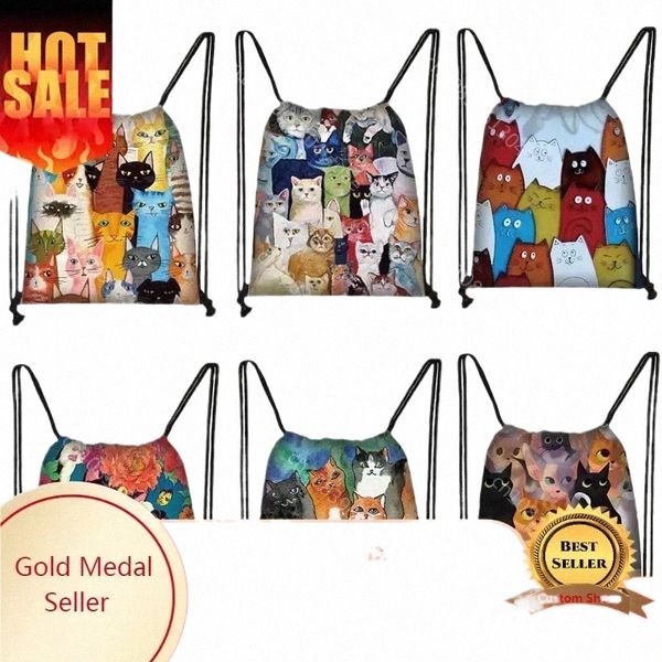 Meninas Drawstring Bag Gym Bolsa Bag 3D Impressão Colorido Gato Mochila Mulheres Loja Portátil Fi Saco de Sapato Escolar Para Menina a7DI #