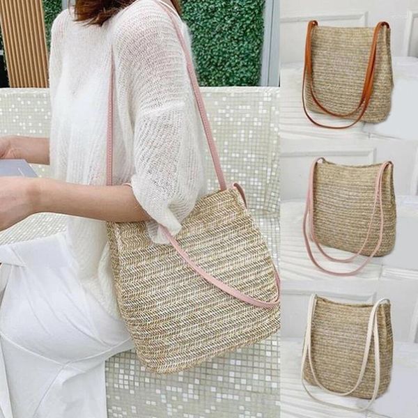 Saco balde palha sacos de praia vintage tecido ombro boêmio verão bolsa feminina designer marca grande moda 2024