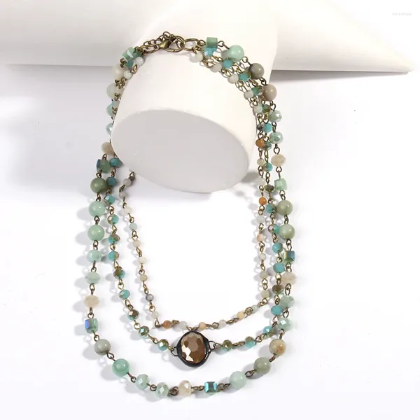 Chains RH Fashion Tribal Jewelry, gemischter Rosenkranz, grün/rosa/schwarz, Gliederkette, 3-lagige Halskette, ovaler Glasanhänger
