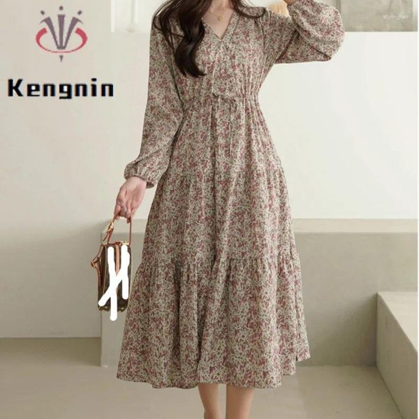 Party Kleider Frühling 2024 Herbst Koreanische Lose Plus Größe 5XL Frauen V-ausschnitt Druck Blumen Dame Vestidos Weibliche Robe OL Kleidung KE3302