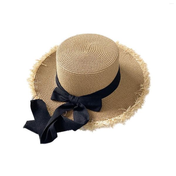 Шляпы с широкими полями 2024, соломенная шляпа с плоским верхом для женщин, галстук-бабочка с лентой для отдыха, летняя солнцезащитная мода, анти-УФ-лучи, пляжные подарки