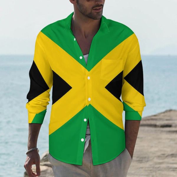 Patriotische Jamaika Flagge Casual Hemden Mann grün gelbes Hemd Langarm Trendy ästhetische Blusen Frühlingsdesign Kleidung Plus Größe