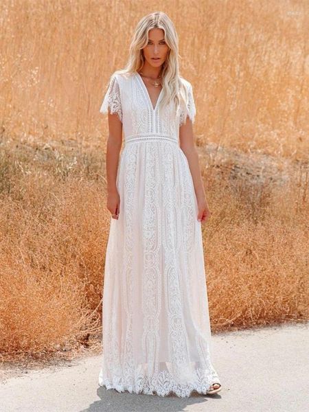 Вечерние платья, винтажное шикарное модное женское кружевное платье с глубоким v-образным вырезом, богемное платье макси, женское летнее белое платье в стиле бохо