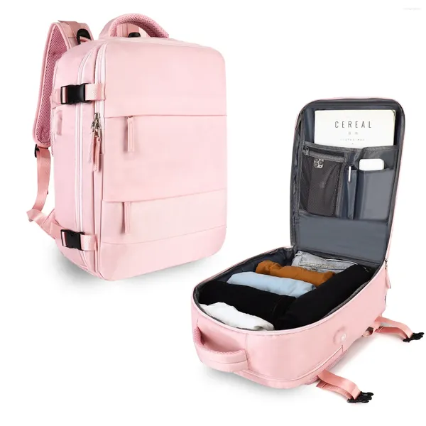 Zaino da viaggio rosa per aereo da donna, bagaglio multifunzionale di grande capacità, leggero e impermeabile, borsa di ricarica USB sportiva