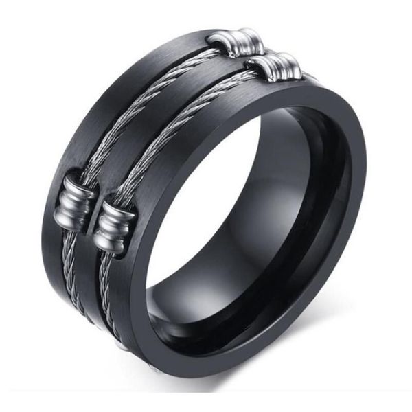Anéis de motociclista de cabo de fio clássico para homens 316L aço inoxidável design escovado menino sinete faixas de dedo hip hop anel laminado jóias189g