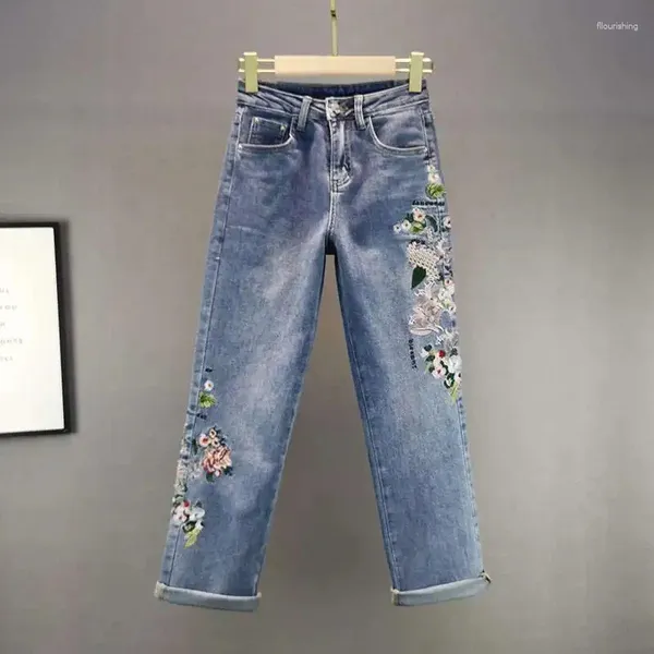Damen-Jeans, Retro-Stickerei, gerade, gewaschene Denim-Hose, Frühling, Baumwolle, Stretch, hohe Taille, lockere lässige Damen C8119