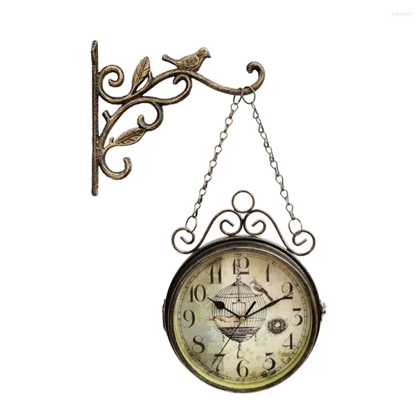 Wanduhren doppelseitige Uhr mit Bildlaufhalterungsmontage Schmiede Vogel Ornament Bahnhof Station Vintage Metall Cuccu Uhr