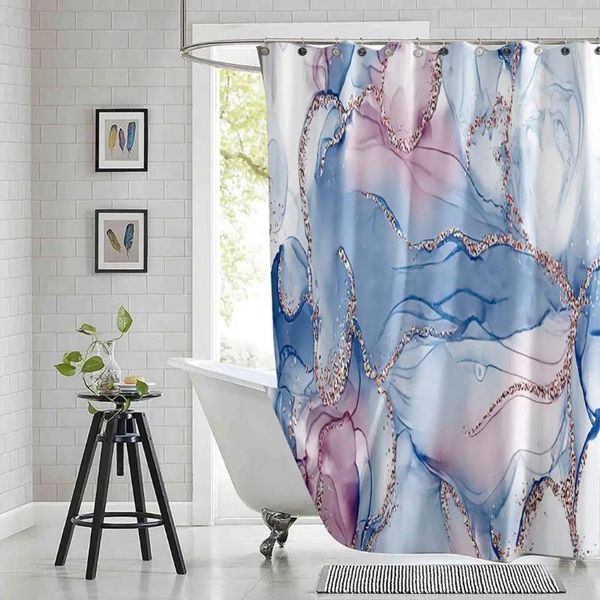 Cortinas de chuveiro Cortina de rosa dourada Resumo abstrato ondas azuis de mármore, tecido de poliéster, tecido à prova d'água com ganchos