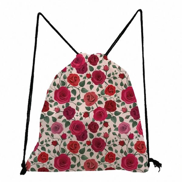 Red Rose Print Drawstring Bags Diário Soft Back Meninas Meninos Festa de Aniversário Presente Grande Saco Casual Dobrável Crianças Mochila de Viagem D07I #