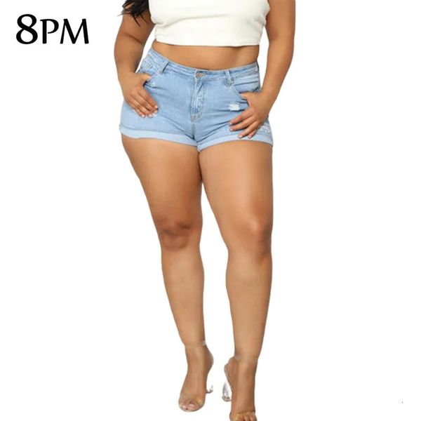 Mulheres casual verão denim jean shorts plus size cintura alta desgastado cru hem jeans com bolso 3xl4xl ouc1542 240322