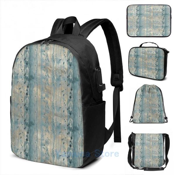 Рюкзак с графическим принтом, сине-золотая деревянная панель, задняя панель с USB-зарядкой, мужские школьные сумки, женская сумка, дорожный ноутбук
