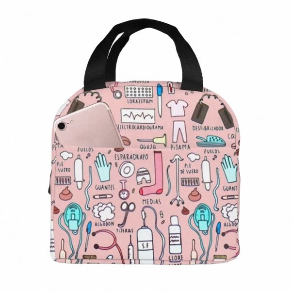 Kawaii Medici Infermiera Stampa Borse pranzo isolate per le donne Piccola scatola di pranzo portatile Totes Borse termiche per alimenti Bento Pouch Lunch Bag n8So #