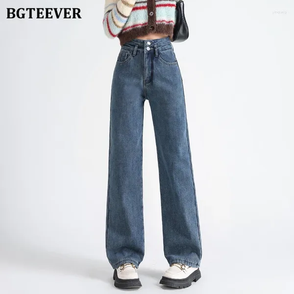 Jeans da donna BGTEEVER Pantaloni larghi alla moda con tasche a vita alta Pantaloni dritti femminili Pantaloni in denim lunghi fino al pavimento in velluto addensato invernale
