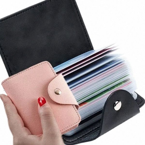 novo 24 Slots Bits Card Holder Bag Simples Cor Sólida Pocket Case Mulheres Homens Credit ID Card Organizador Carteira de couro titular do cartão E1YP #