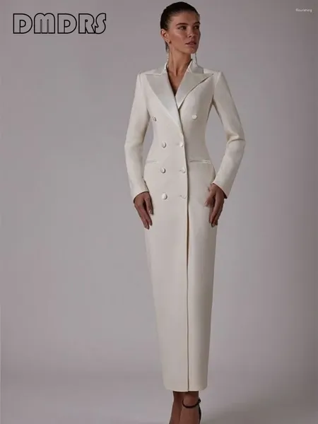 Günlük elbiseler DMDRS | Kılıf katı resmi takım elbise elbise uzun kollu çift göğüslü ipeksi saten boyun kadın klasik ceket