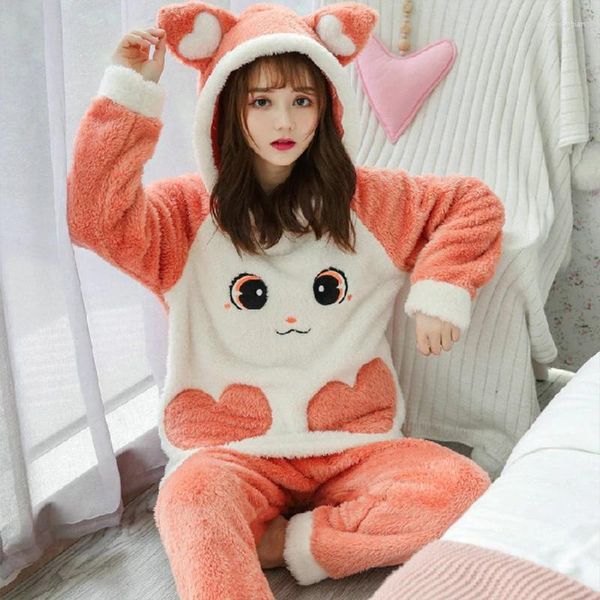 Startseite Kleidung Schlafoberteile Süßes Winter-Flanell-Pyjama-Set Damen-Nachtwäsche Dicker Plüschtier-Cartoon Warmes Mädchen Plus Samt-Mit Kapuze Homewear