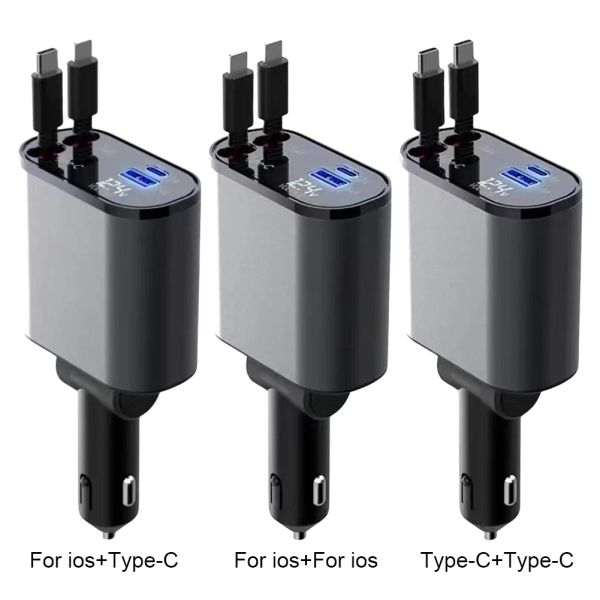 120W 4 em 1 CARRO RETRÁVEL CARREGO RÁPIDO CABO DE USB TIPO C PARA iPhone Xiaomi Samsung Adaptador de isqueiro de cabos de carregamento rápido Samsung