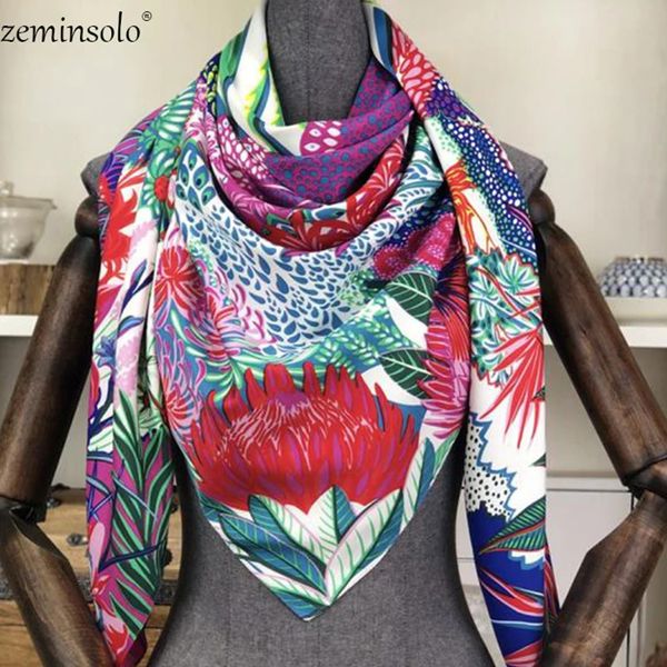 Элитный бренд, 100% саржевый шелковый шарф, многоцветный квадратный шарф, бандана, платок с цветочным принтом, шарфы для женщин, шали, накидки, Echarpe 240322