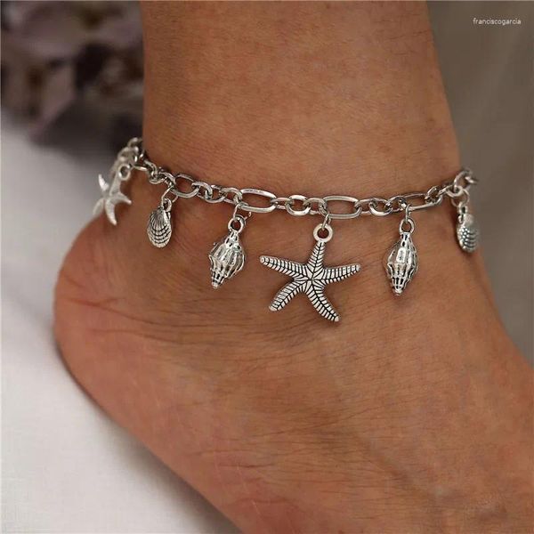 Tornozeleiras vagzeb punk vintage prata cor estrela do mar pingente para mulheres boêmio pulseira de verão na perna jóias atacado