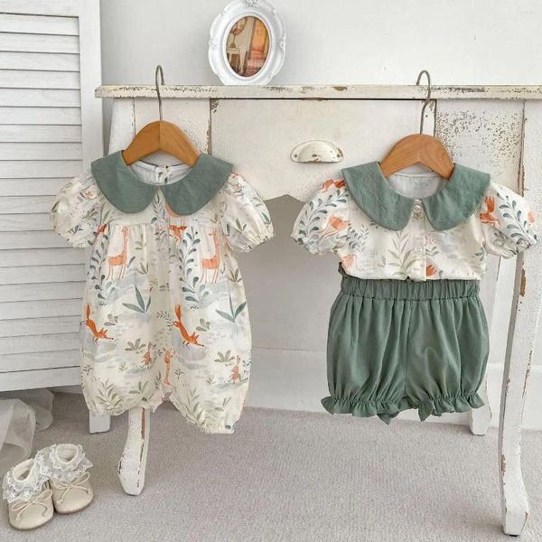 Conjuntos de roupas 2024 verão moda menino bebê animal impressão macacão menina crianças algodão manga curta tops plissados ​​shorts 2pcs criança solta camisa conjunto