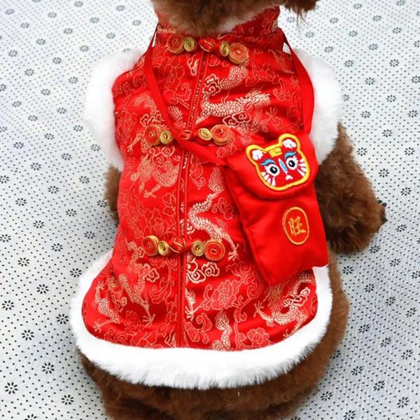 Cão vestuário parkas fivela cães casaco com pacote vermelho estilo chinês manter quente cachorrinho tang terno de duas pernas espessado pano de animal de estimação por ano