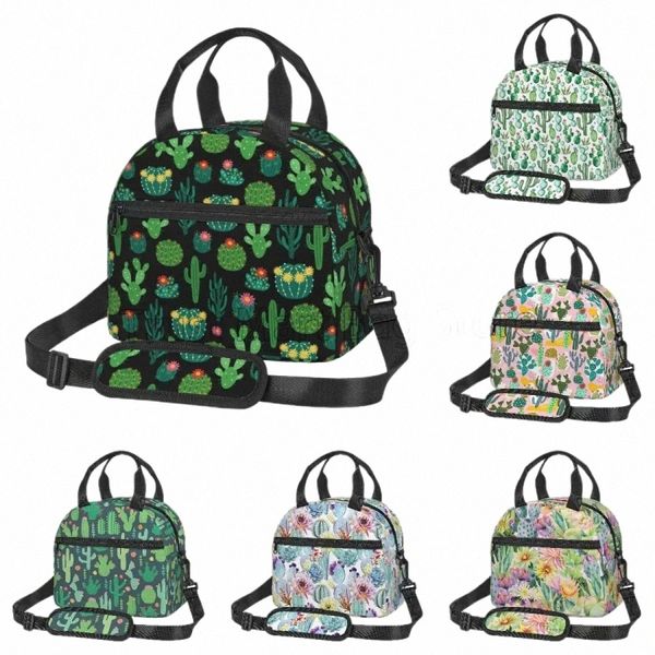 Borsa termica per pranzo floreale verde cactus in fiore fresco con tracolla regolabile Borsa termica isolata per lavoro Picnic Travel Beach v3Ca #