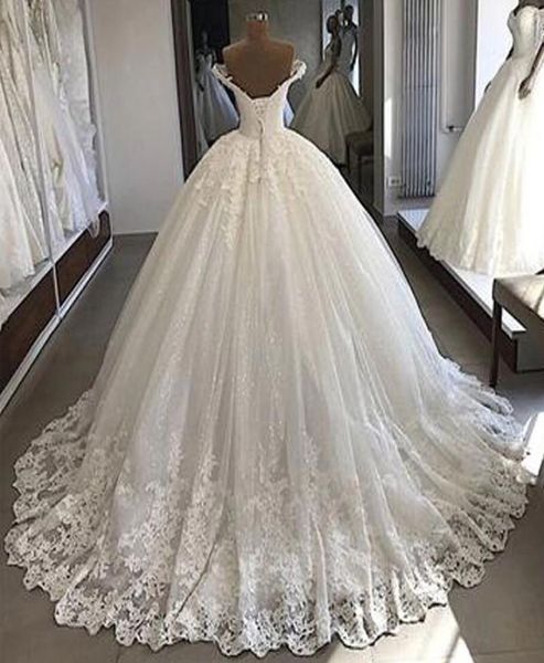 Vestido de baile princesa vestidos de casamento apliques rendas fora do ombro brilhante lantejoulas espartilho volta vestidos de noiva lindo luxo1246931