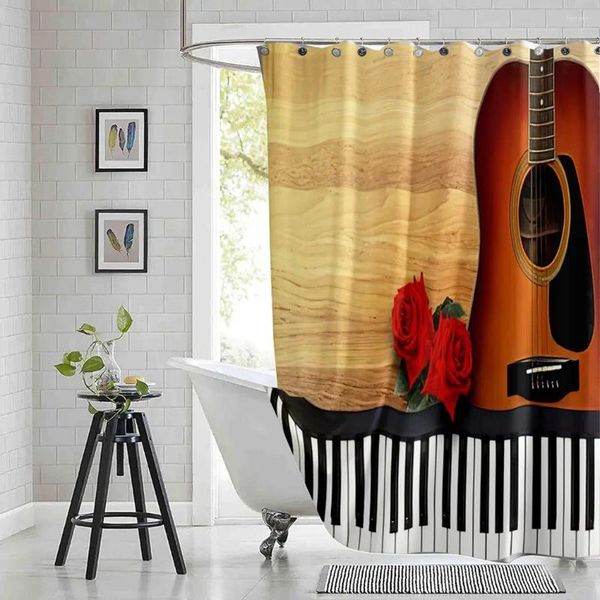 Tende da doccia Tenda classica con rosa per chitarra San Valentino Canzone d'amore Tessuto in poliestere stampato Bagno impermeabile con ganci