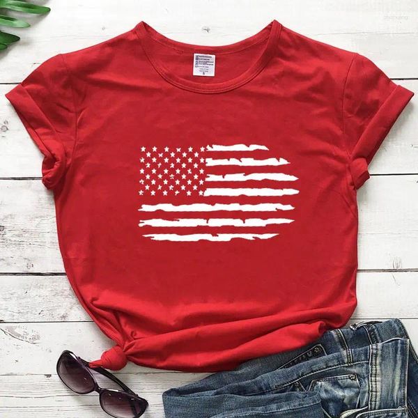 Camiseta feminina engraçada com bandeira americana, camiseta de algodão unissex 4 de julho, presente de feriado, camiseta fofa hipster gráfica top drop