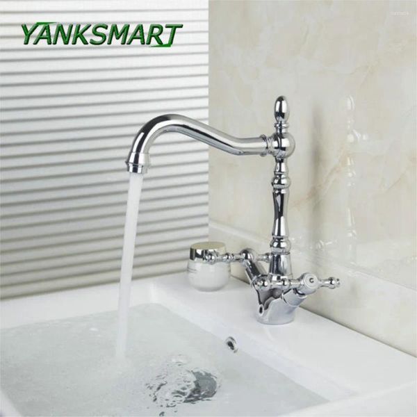 Rubinetti per lavandino del bagno YANKSMART Rubinetto per acqua con doppie maniglie piatte cromate lucide Rubinetto per lavabo da piano Miscelatore da cucina