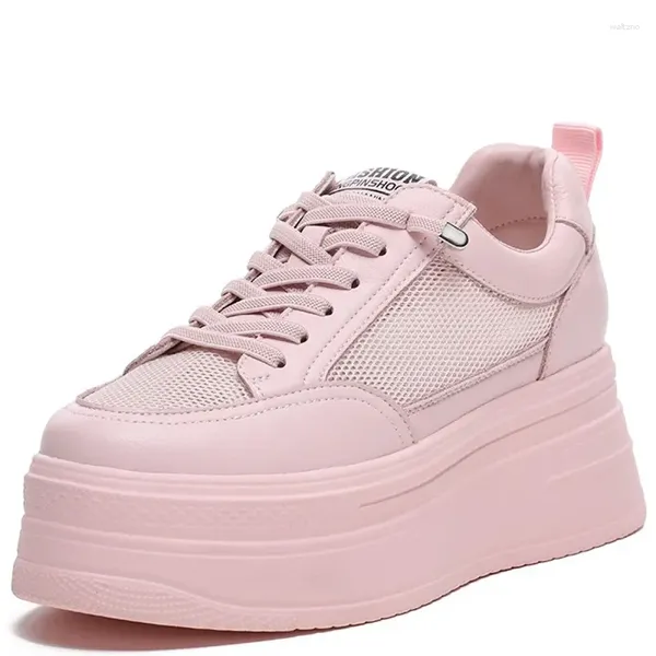 Sapatos casuais 8cm malha de couro genuíno mulheres branco rosa plataforma cunha escondida calcanhar chunky tênis skate