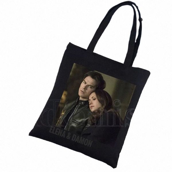 The Vampire Diaries Harajuku 90er Jahre bedruckte grafische Handtaschen Umhängetaschen Casual Black Shop Frauen Elegante Canvas-Tasche Z5zL #