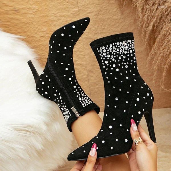 Botas de luxo strass preto mulheres outono inverno sapatos moda apontou toe estiramento zíper tornozelo senhoras elegantes saltos altos