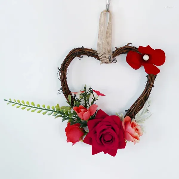 Flores decorativas 15cm grinalda dos namorados para a porta da frente forma de coração artificial rosa flor guirlanda pequena peônia falsa casamento parede pendurado