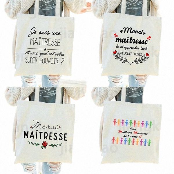 En iyi öğretmen fransız baskı fi kadın tuval dükkan çantası eko harajuku estetik ikna edici süper mistr okul çantaları hediye h4dp#