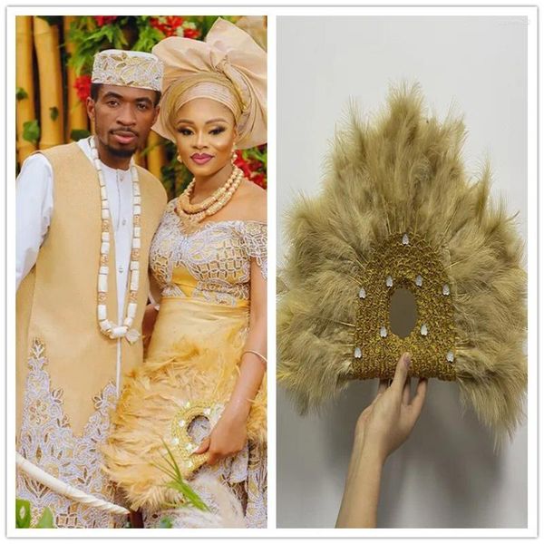 Estatuetas decorativas de alta qualidade leque de penas tamanho grande africano branco senhoras casamento para noiva nigeriano handfan