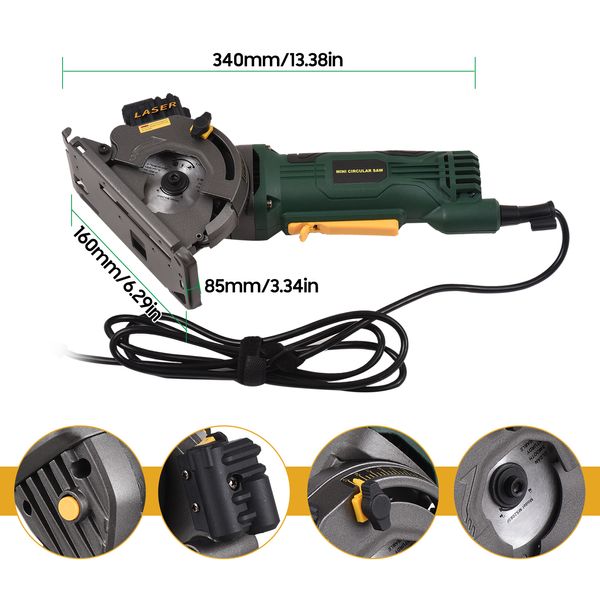 3700 U / min Mini Circular Saw Säge 4.8amp Compact Circular Saw Sägewerkzeuge Laseranleitung Skala Lineal Vakuum Port 3 Klingen Schneiden Holzfliesen schneiden