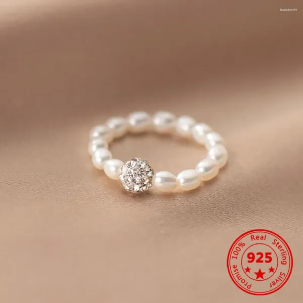 Cluster Ringe 925 Sterling Silber Ring Mode Einfache Damen Vollbohrer Runde Kugel Perle Stretch Seil Finger Jahrestag Luxus Schmuck