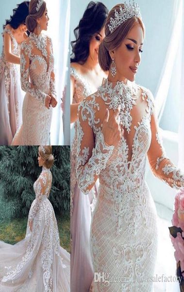 Abiti da sposa a sirena in pizzo arabo di lusso Dubai con strascico staccabile collo alto applicazioni maniche lunghe Plus Size sposa Go3489896