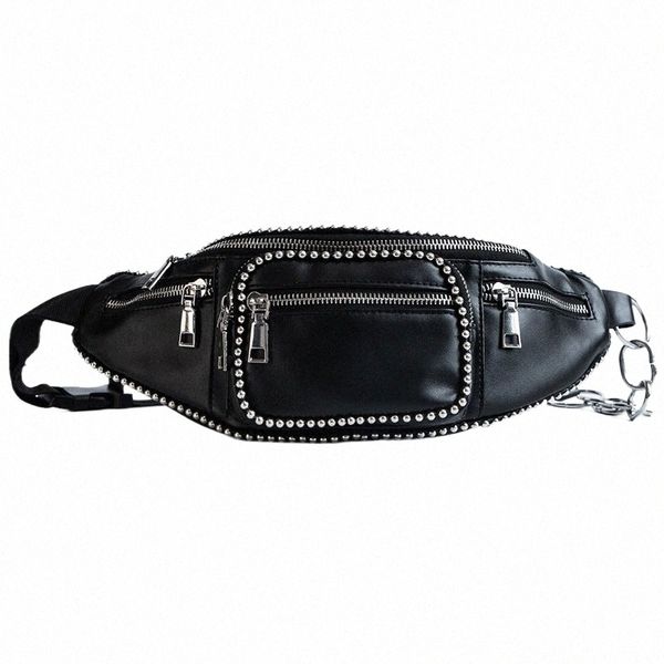 Jierotyx bolsa de cintura de couro feminina marca de luxo cintura fanny packs cinto bolsa peito bolsa cor preta sexy rebites punk gótico v5s0 #