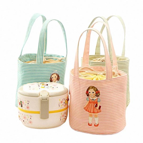 Cute Girl Cilíndrico Lunch Bag Estudantes Round Lunch Box Bag Waterproof Insulati Circular Drawstring Food Thermal Cooler Tote a6eK #