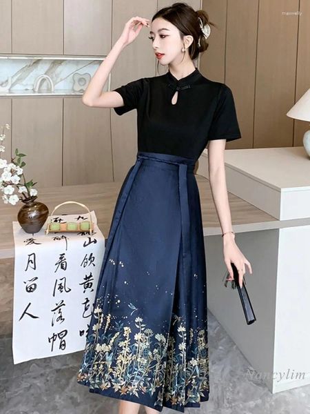 Vestidos de trabalho estilo chinês saia cara de cavalo terno feminino 2024 verão ternos de duas peças pequeno diário melhorado hanfu preto tshirt saias