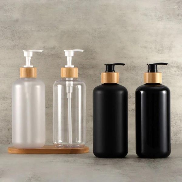 Garrafas de armazenamento luxo fosco branco preto claro pet plástico 500ml recarregável shampoo garrafa de loção corporal com bomba de bambu sala de banho