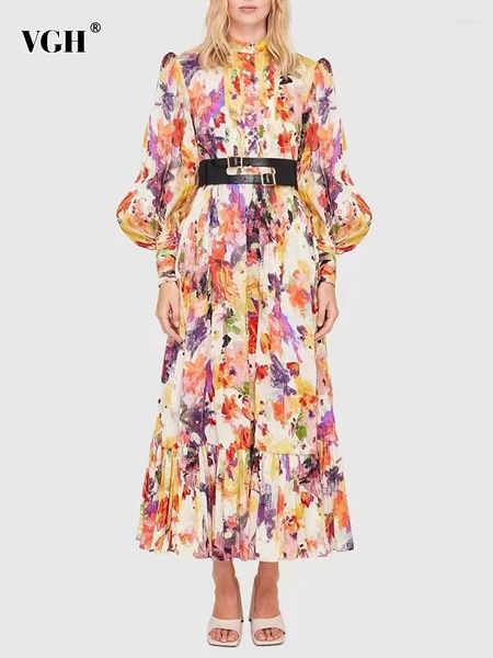 Vestidos casuais vgh lanterna manga impressa mulheres formais longo midi com cinto moda elegante vestidos 2024 primavera