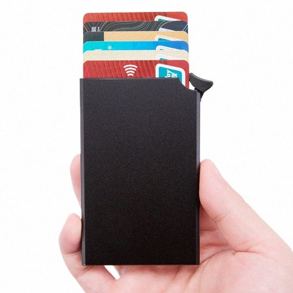 Porta carte di credito antifurto anti-magnetico RFID da uomo Tipo pop-up automatico Custodia in metallo con guscio in alluminio Porta carte di credito Portafoglio Busin 60sQ #