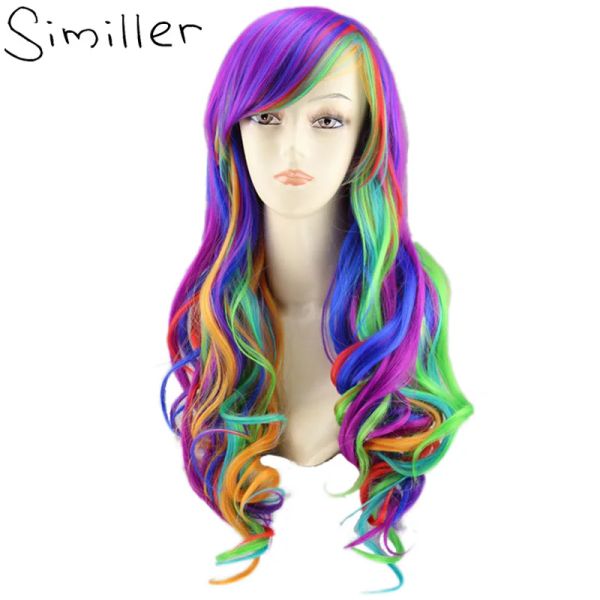 Perucas similler arco-íris feminino longo encaracolado cabelo sintético peruca cosplay + uma touca de cabelo multi cor